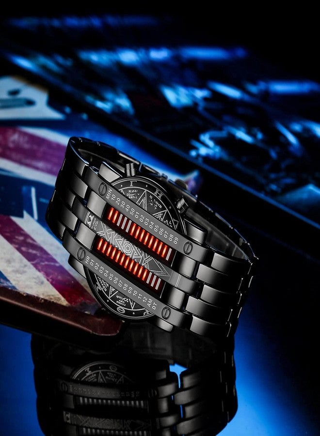 FANMIS Creative Mens Binary Matrix Blue LED Digital Watch Fashion Classic Black Plated Waterproof LED Backlight Bracelet Watches (X Black Red) - Image 4